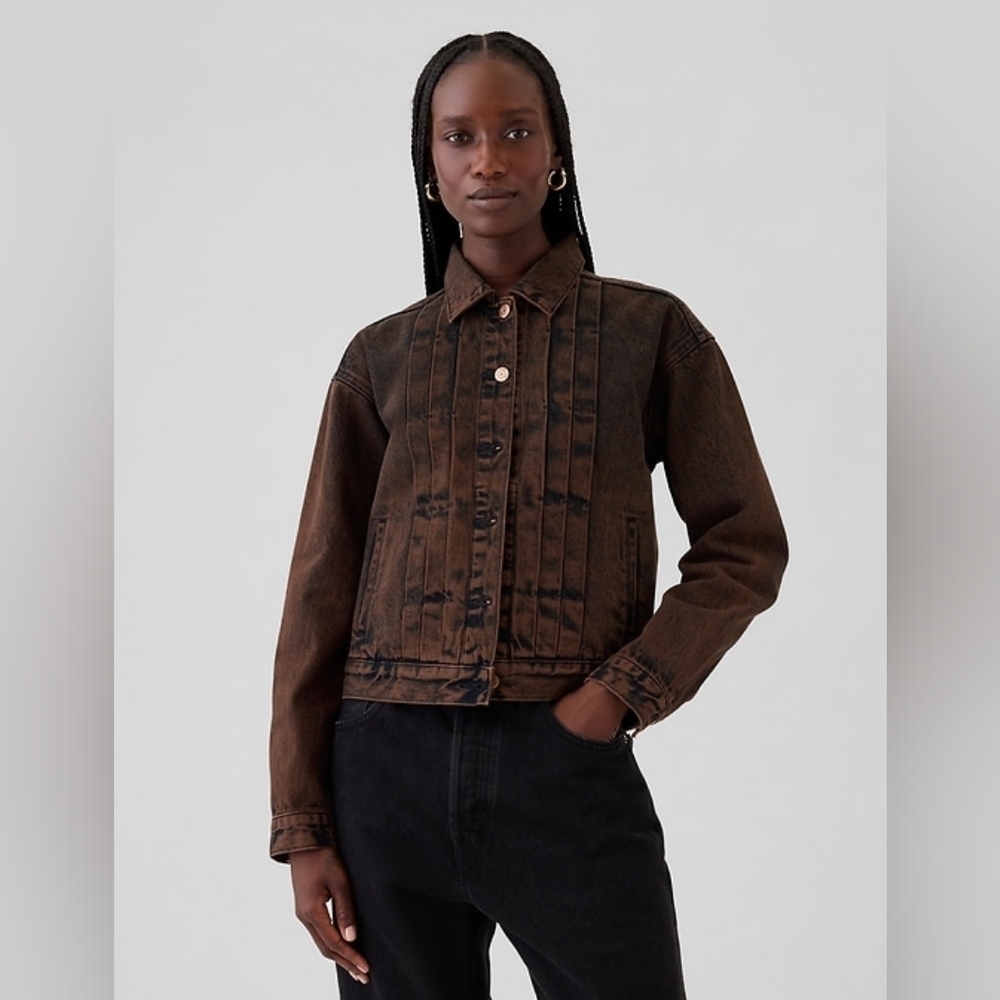 Gap Oversized Tux Icon Denim Jean Jacket Woodsy Brown Wash XL Baddie Black - Picture 2 of 9
